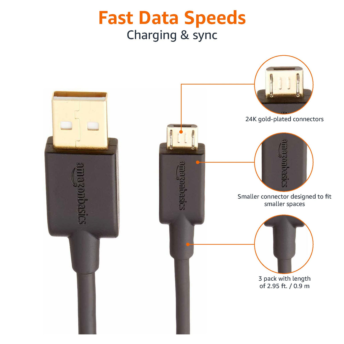 Amazon Basics 5-Pack USB-A to Micro USB Charging Cable, 480Mbps Transfer Speed with Gold-Plated Plugs, USB 2.0, 3 m, Black