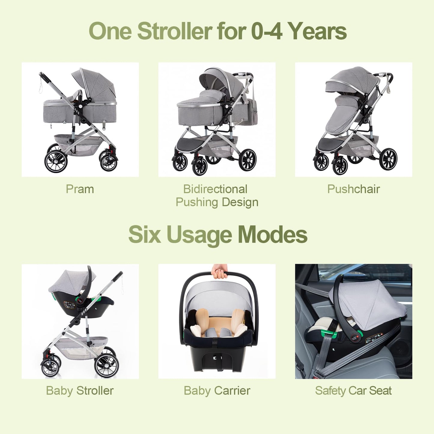 Gcarebb 3 in 1 Prams Travel System, Pushchair with Height Adjustable Handle, Travel Pram with Mosquito Net, Baby Stroller with Aluminum Frame for Newborn 0-4 Years