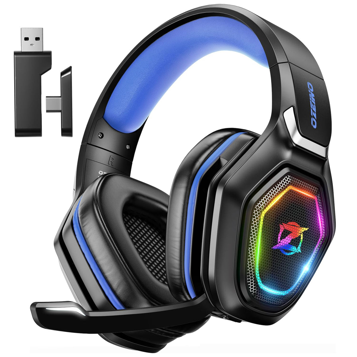 Ozeino Wireless Gaming Headset with Microphone, 2.4G & Type C Transmitter - 40h Battery Life - RGB Lighting Gaming Headphones for Ps5, Ps4, PC, Switch, Phone (Pink)