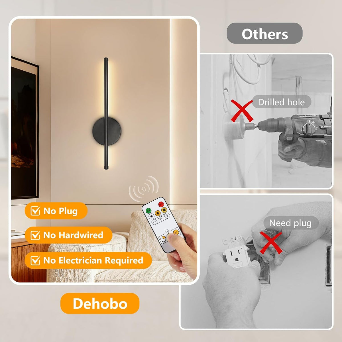 Dehobo 80CM Rechargeable Wall Lights with 8000mAh for Home Decor, 2 Packs