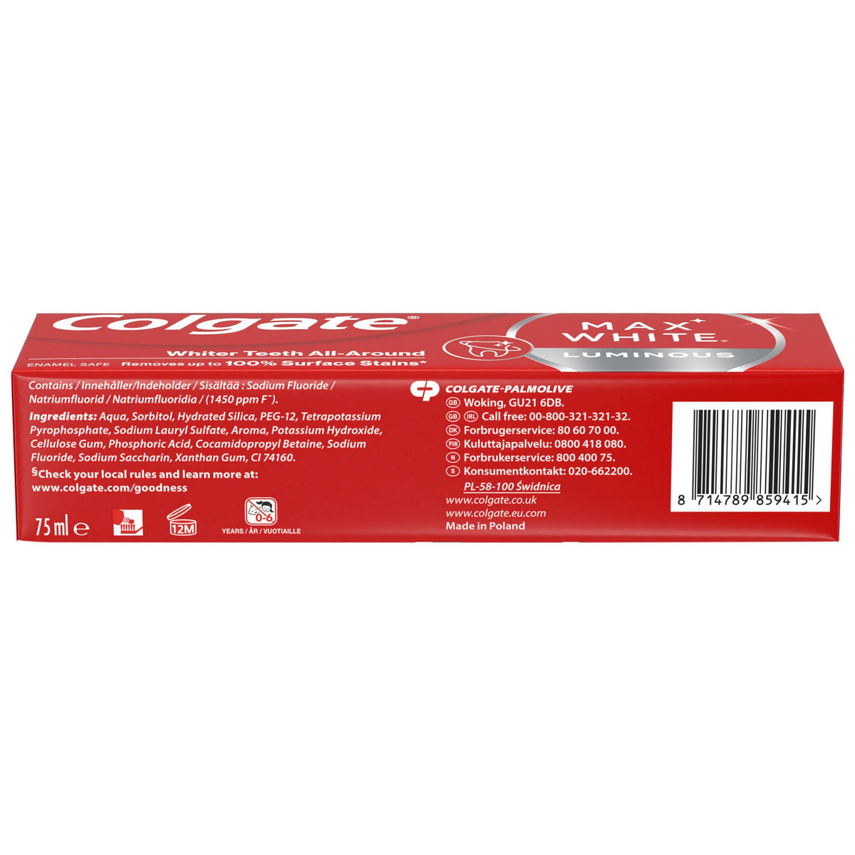 Colgate Max White Purple Reveal Teeth Whitening Toothpaste - Clinically Proven to Remove up to 100% of Surface Stains** - Fluoride Toothpaste - Colgate Multipack - 4 X 75ml