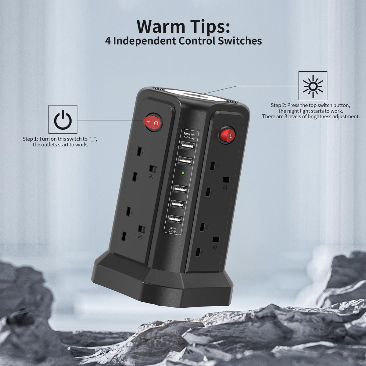 HAFINO Tower Extension Lead 3M with USB Slots and Night Light, 4 Switches