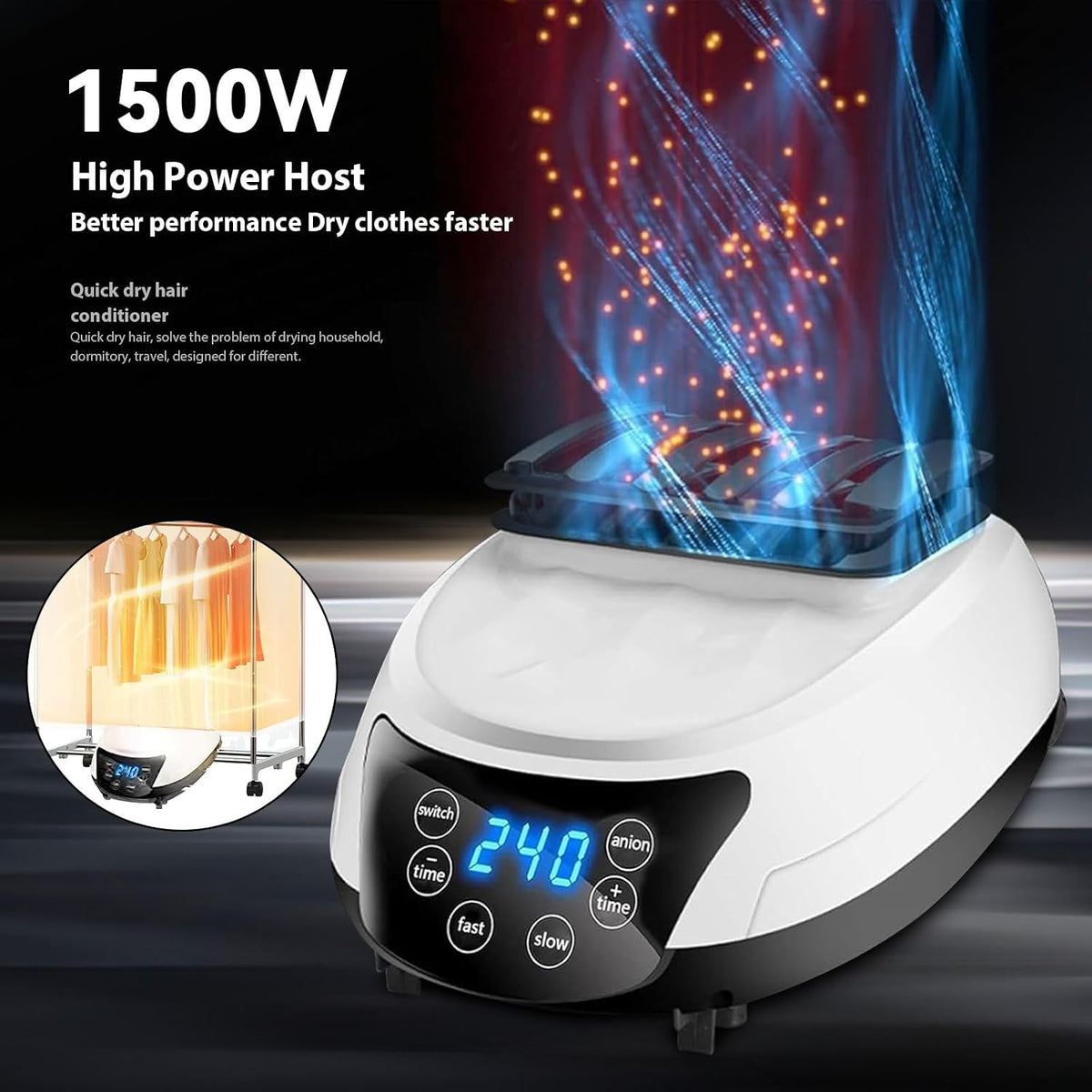 1500W Portable Electric Clothes Dryer with Remote Control,Energy-Efficient Heated Clothes Drying,Four Levels Adjustable Timer Cloth Drying Silent,House Laundry,Negative Ion Purification (White)