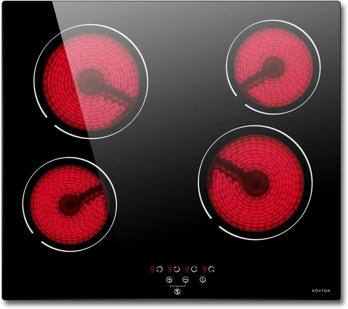 NOXTON Ceramic Hob, Built-in 4 Zone Electric Hobs 60cm Noise-free Auto Shut-off Safe Lock Heat Indicator Black Glass Panel Cooktop with Touch Controls