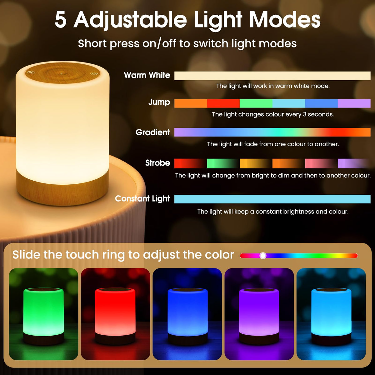 ONEWAY Night Light, LED Touch Bedside Lamp with 256 RGB & Timer & Memory