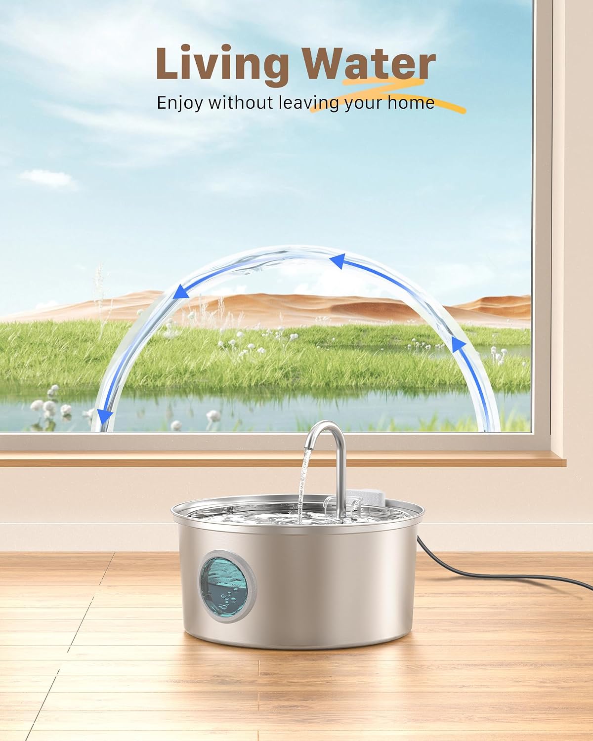 Cat Water Fountain Stainless Steel: Water Fountain Cat Bowl - 3.2L Drinking Fountains for Cats - Pet Water Dispenser - with 6 Carbon Filters + 3 Sponges