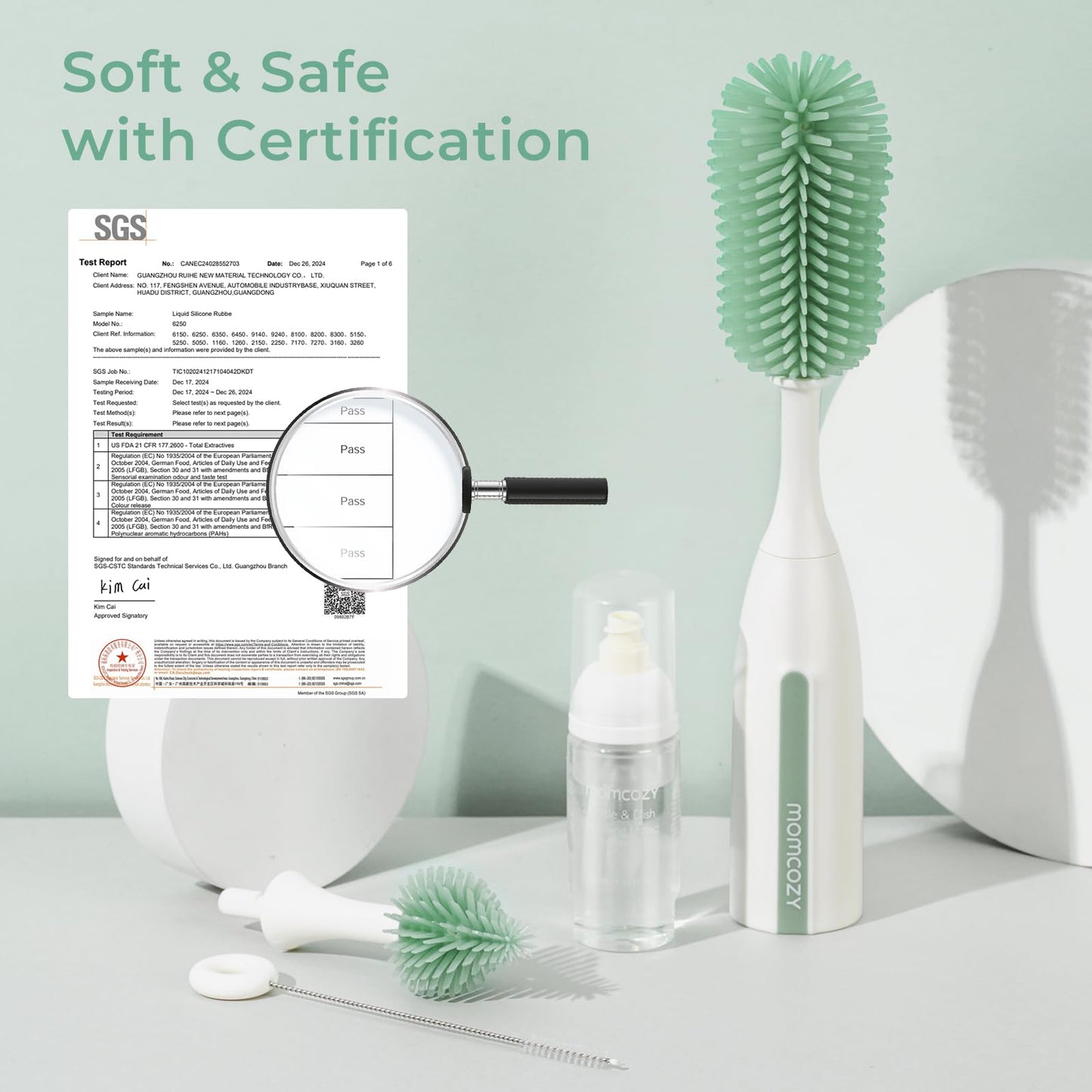 Momcozy Bottle Brush Set - Baby Bottle Cleaner Kit with Silicone Brush, Nipple Brush, Straw Brush, Soap Dispenser, Drying Rack - 7 in 1 Bottle Cleaning Tool for Home and Travel, Green