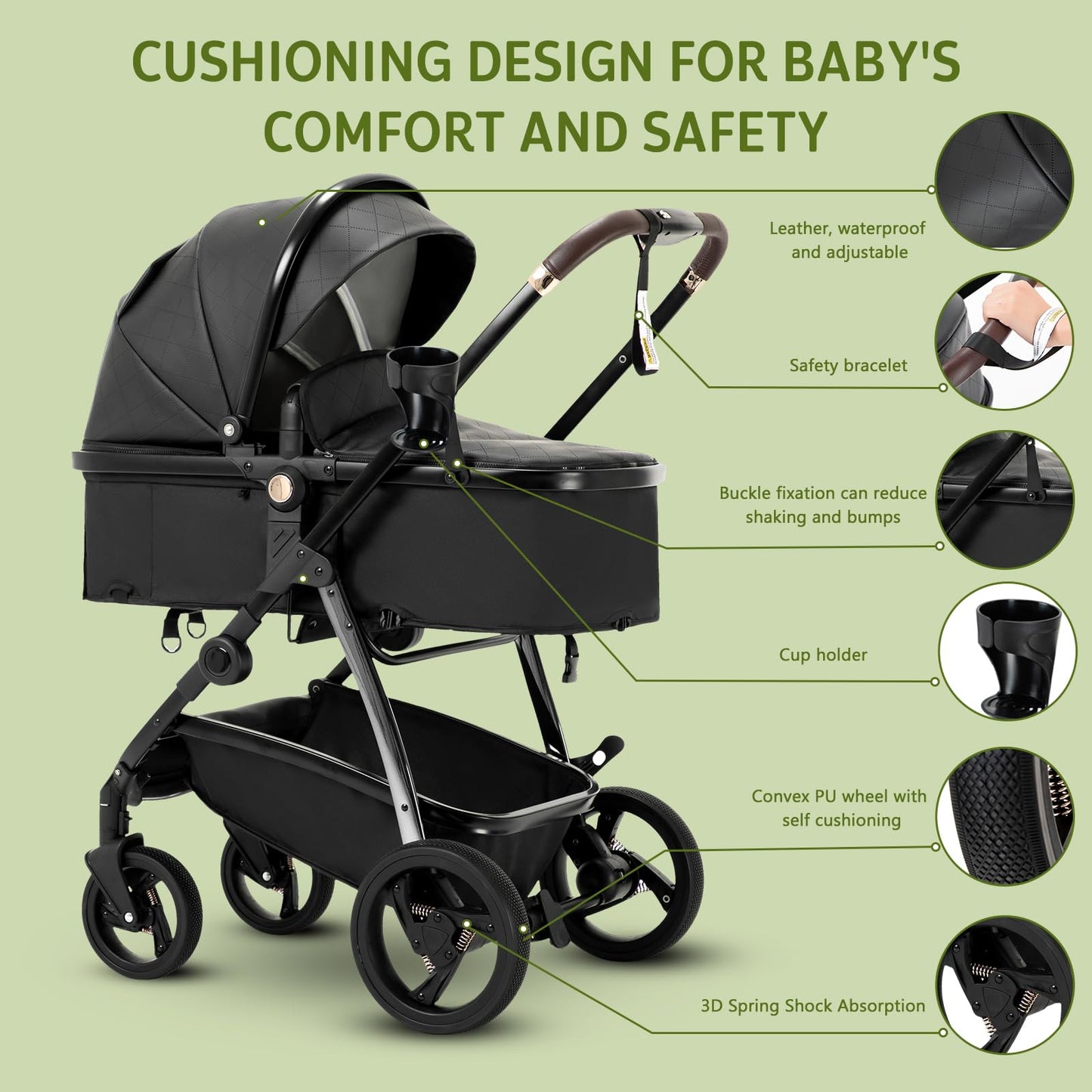 Zkipm Baby Pram 3 in 1, Foldable Baby Stroller,Pram Set Travel with Adjustable-Height Push Handle, Present Rain Cover, Mosquito Net, Bag, Cooling Mat, ect for Ages 0–3