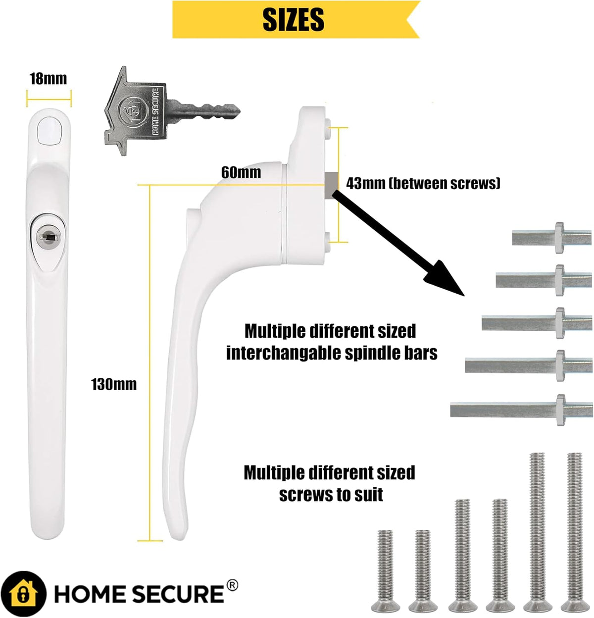 Home Secure™ Universal Locking uPVC Window Handle with Keys – Espag Window Handle Replacement, Reversible Left or Right, Multi-Spindle Fit, White