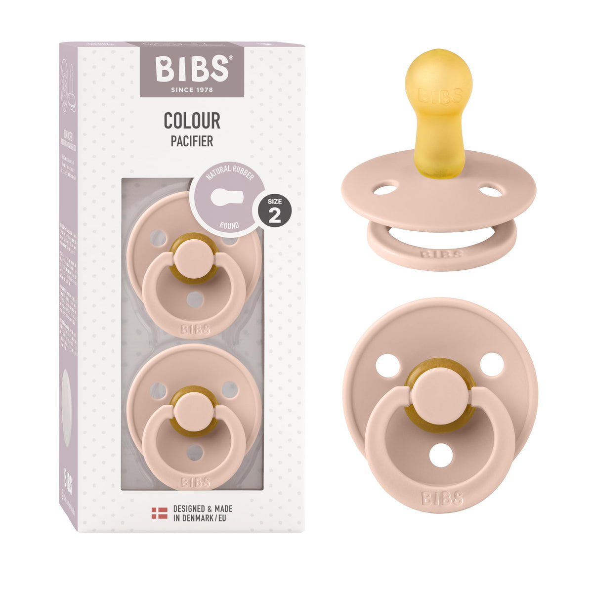 BIBS Colour Soother 2-Pack, BPA Free Dummy Pacifier, Round Nipple. Natural Rubber Latex, Made in Denmark, Size 2 (6-18 Months), Baby Blue