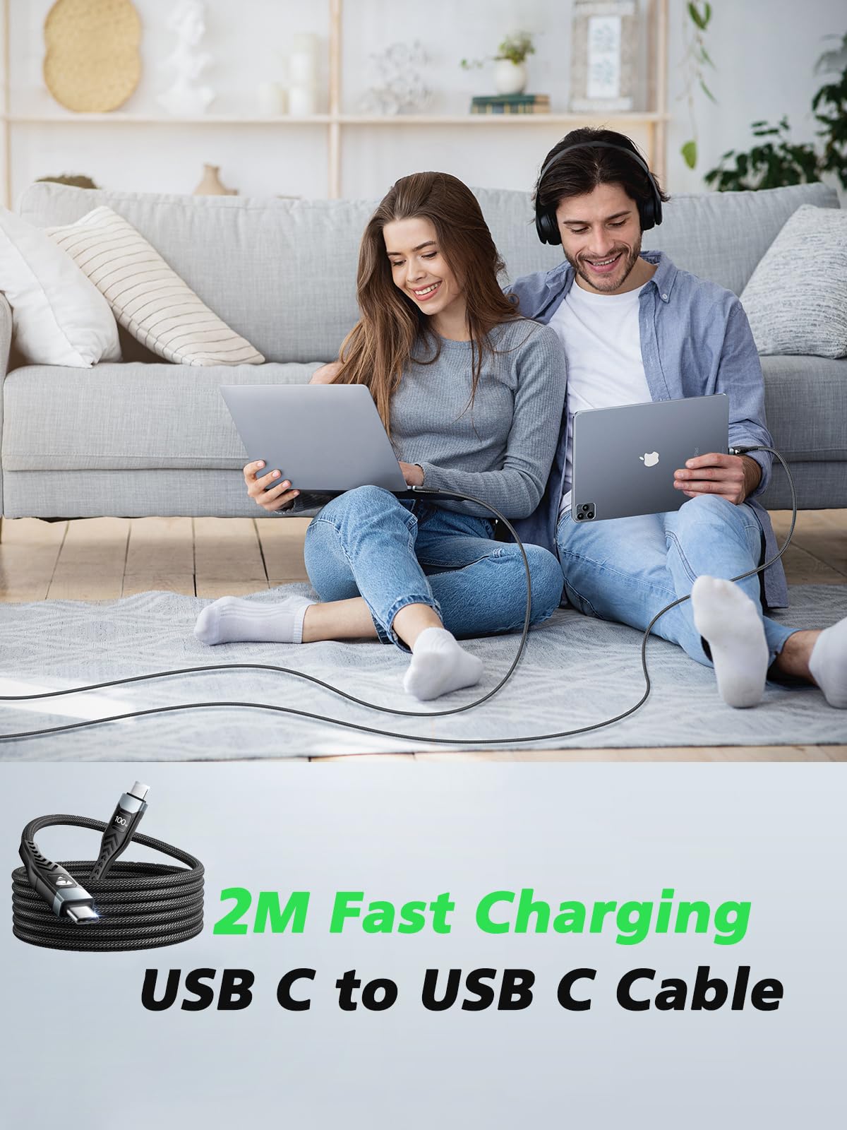 USB-C to C 1M 100W PD3.0 Fast Charging Cable - Compatible with MacBook Pro, iPad Air, iPhone 15, Samsung S23/S22/S21 Ultra, Pixel 7/6, Switch, PS5