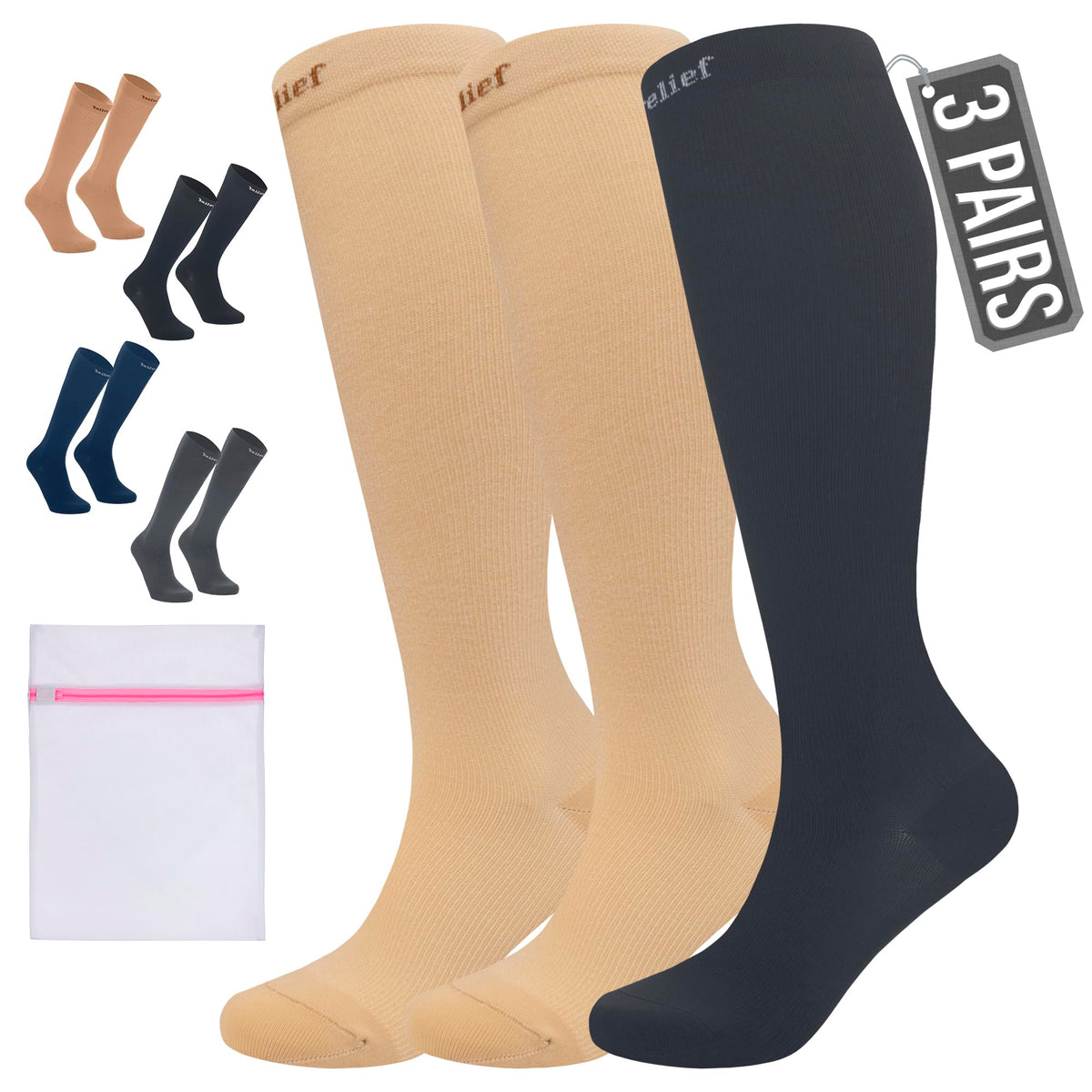 360 RELIEF Compression Socks for Women & Men - 15-20 mmHg Travel Flight Socks – Graduated Support - Ideal for Running, Cycling & during Maternity - with Laundry Bag