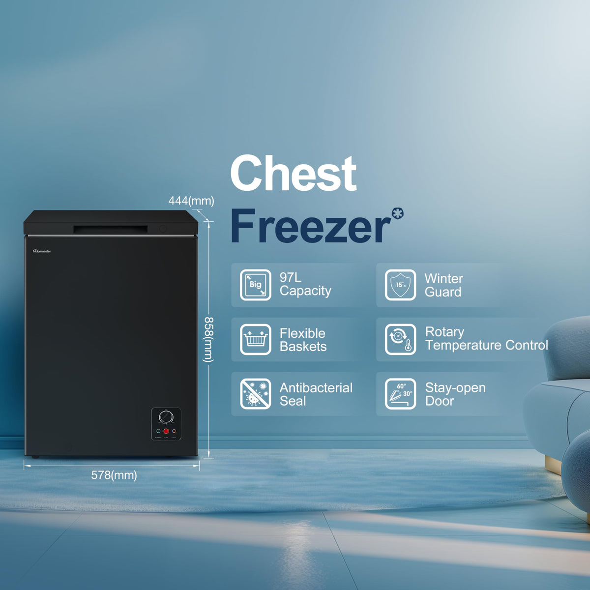 Fridgemaster White Chest Freezer, 97L Capacity, MCF100E， Freestanding, Mechanical Control, Winter Guard (-15°C), Low Noise 38dB, Basket Storage 858 (H) x 578 (W) x 444 (D) mm