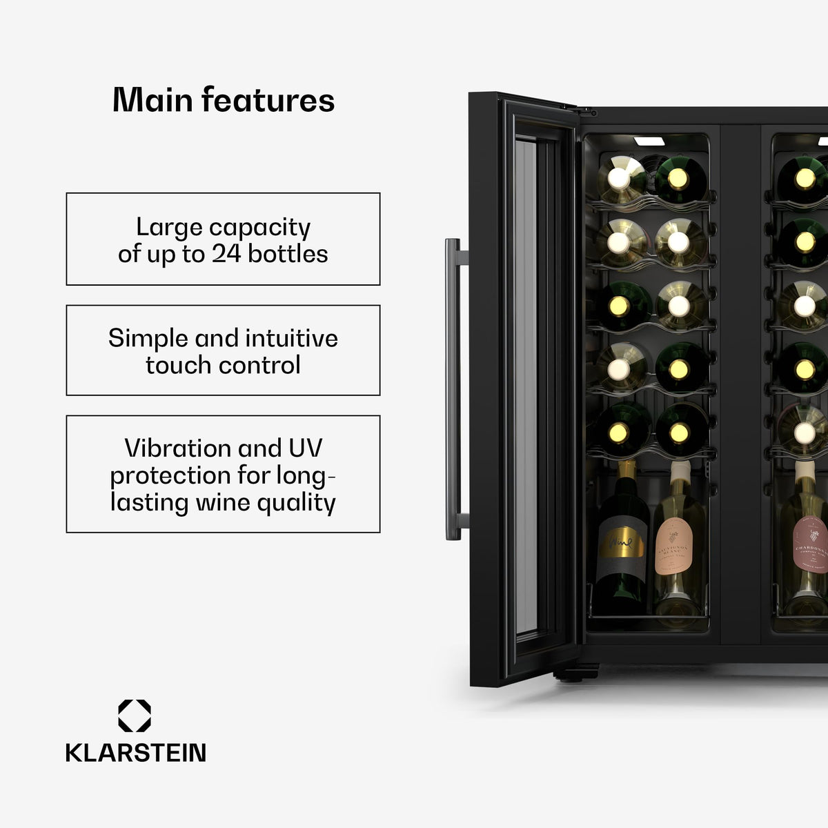 KLARSTEIN Shiraz Wine Cooler Black – 8 Bottles, 1 Zone | Freestanding Wine Fridge with Glass Door, Quiet, 5–18 °C, LED, Stainless Steel Frame