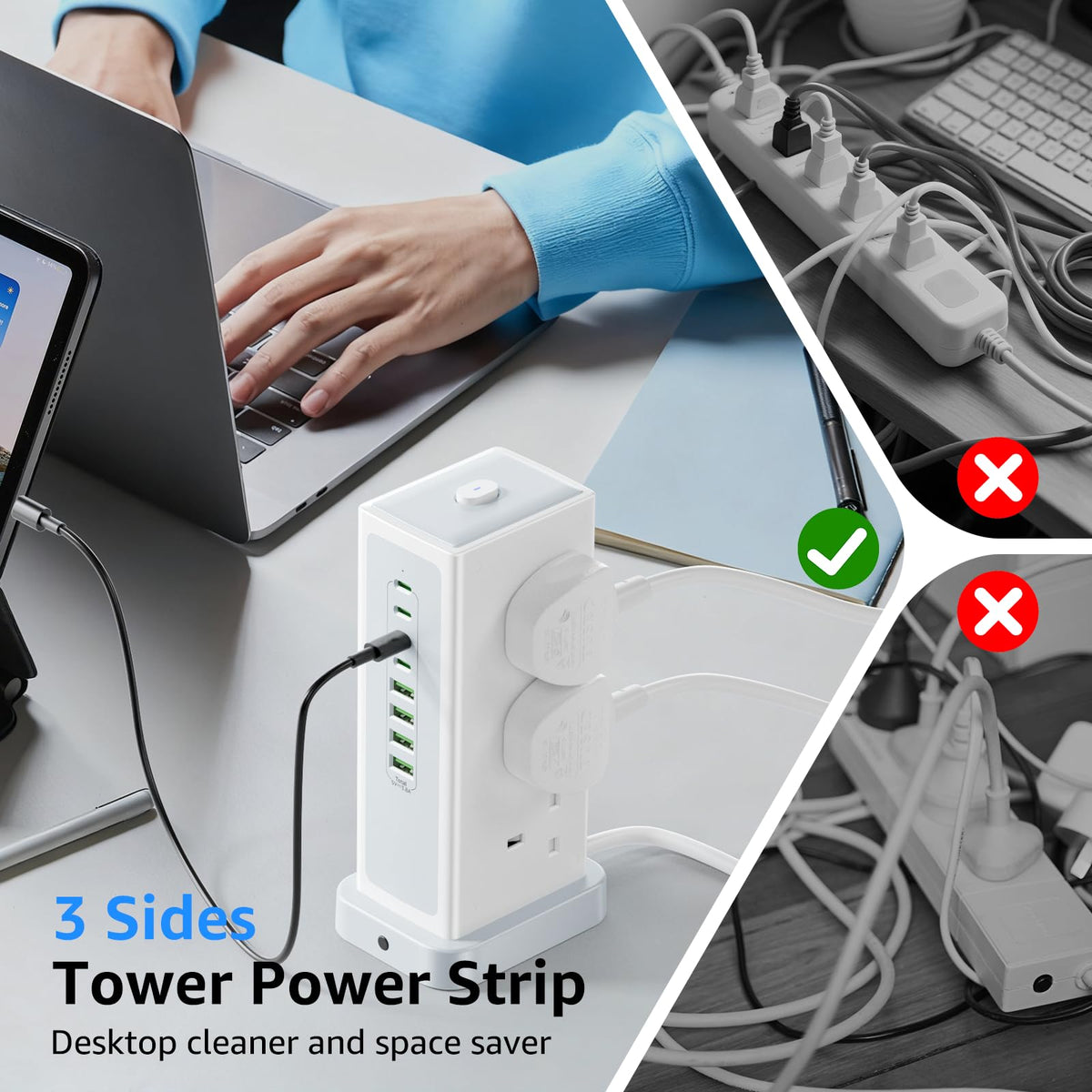Tower Extension lead with USB Slots,6 Way Plug Extension Socket 3 Metres