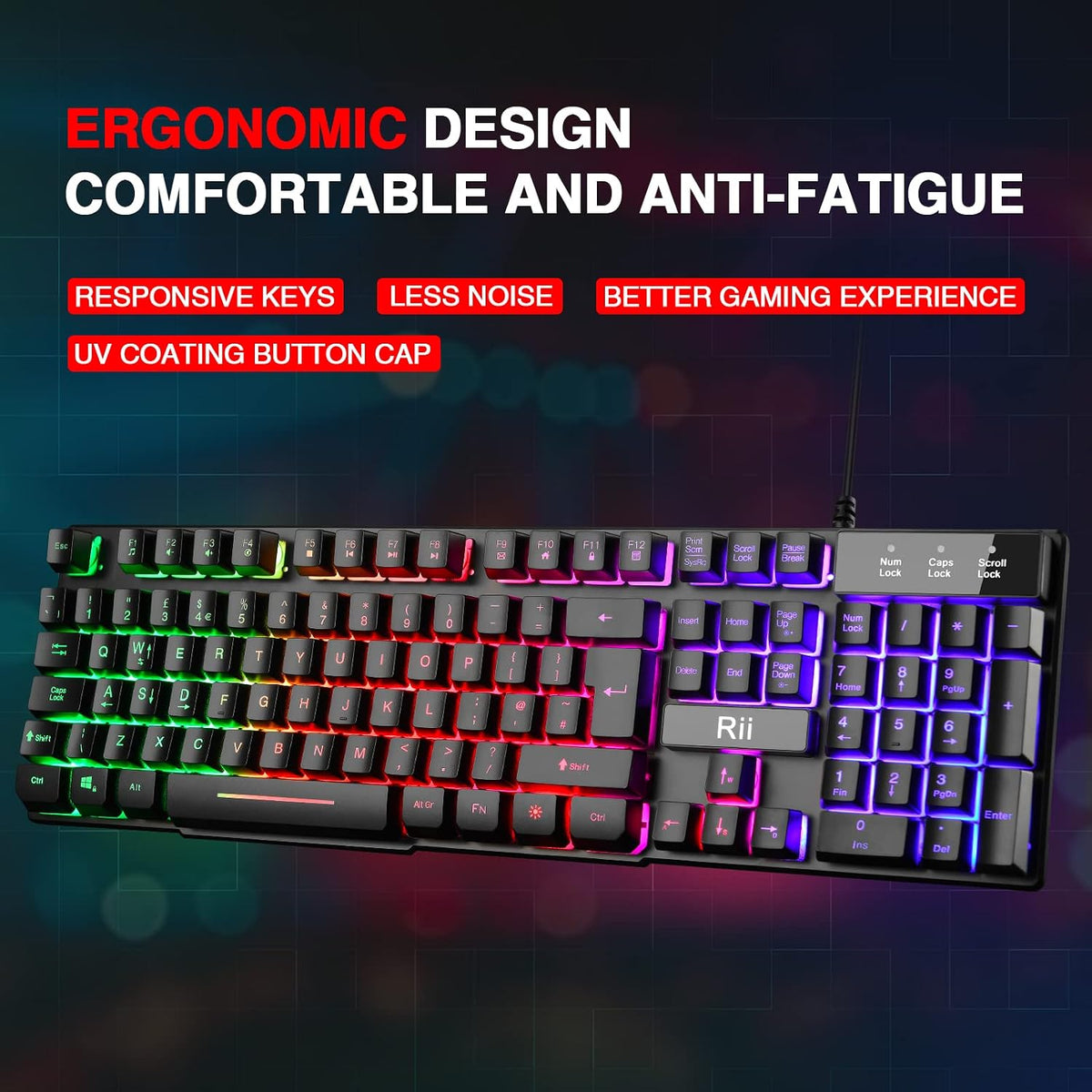 Rii Gaming Keyboard,USB Wired Keyboard with Rainbow LED Backlit Mechanical Feeling for Working Gaming (UK Layout)