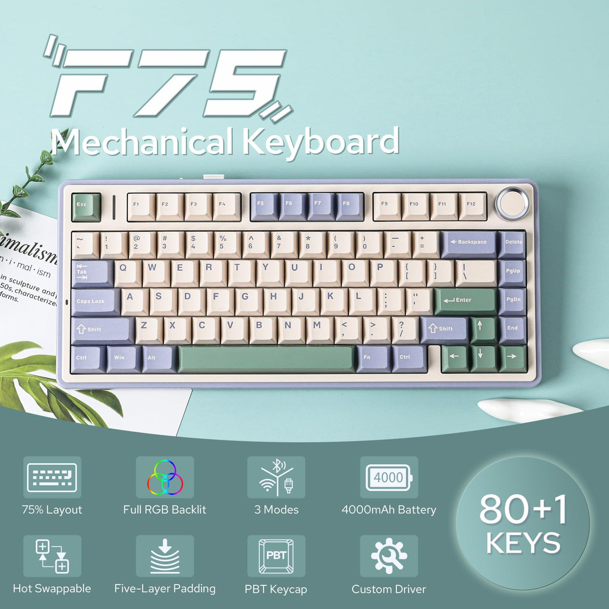 EPOMAKER AULA F75 Wireless Mechanical Gaming Keyboard, 75% Layout with Knob