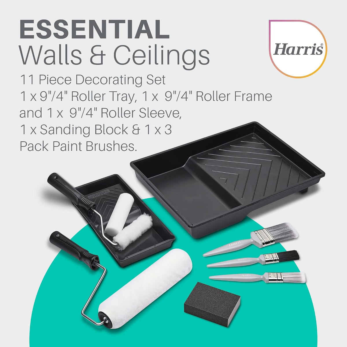 Harris Walls & Ceilings Essentials Decorating Set | 11 Pieces | 9" Roller Sleeve, 4" Roller Sleeve, Sanding Block, 3 Paint Brushes