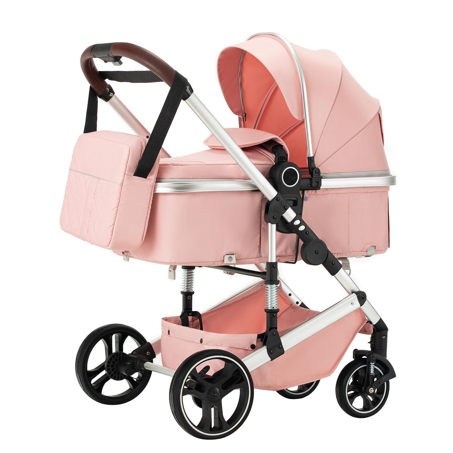 Stroller 3 in 1 Travel System Aluminium Frame High Landscape Combined Strollers Lightweight Folding Pram for Newborns Toddlers 0-36 Months from Birth Aluminium Pushchair (D2/Pink, H2-D)