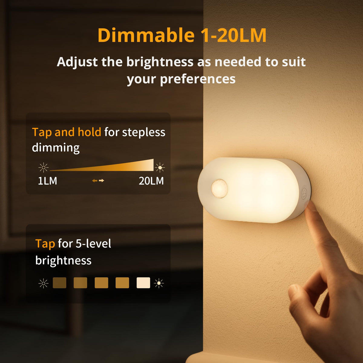 Lyridz Motion Sensor Night Light, Mini USB Rechargeable LED Night Light Kids, Stick on Anywhere Warm White Dimming Lighting for Corridor,Staircase,Bedroom,Children's Room,2 Pack
