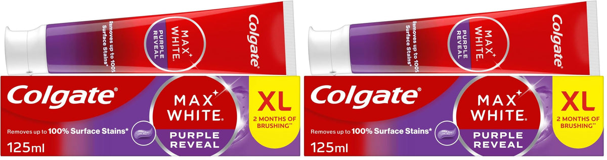 Colgate Max White Purple Reveal Teeth Whitening Toothpaste - Clinically Proven to Remove up to 100% of Surface Stains** - Fluoride Toothpaste - Colgate Multipack - 4 X 75ml