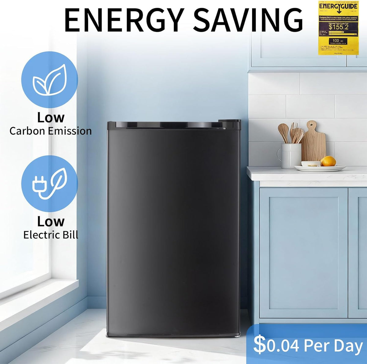 91 L Mini Fridge with Freezer, Single Door Small Refrigerator, Dorm Fridge with 7 Adjustable Thermostat, Energy Saving, Low Noise, Compact Refrigerator for Office, Bedroom, Dorm, Black