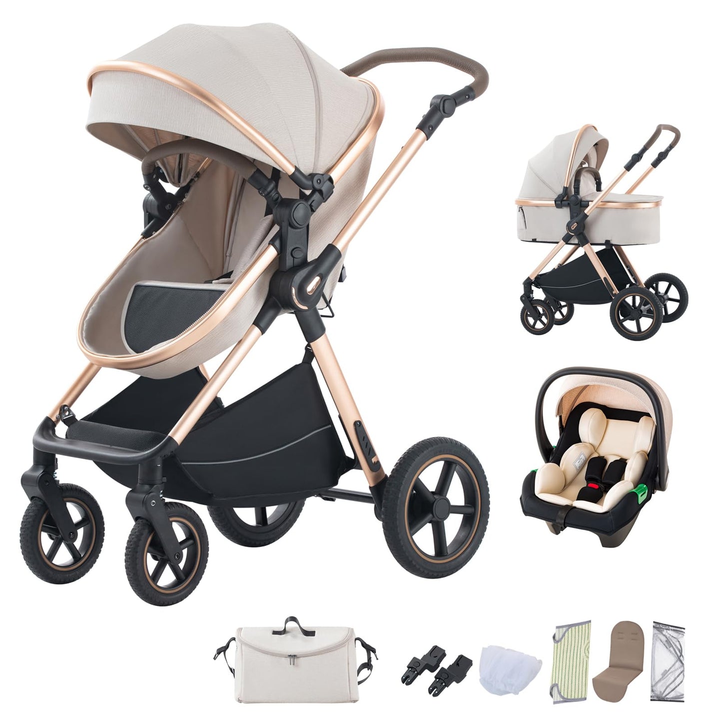 BEBBY Stroller 3-in-1 Baby 3 in 1 with Seat with Foldable Aluminium Frame, Compact Stroller with Adjustable Armrests, Combined Strollers,High Landscape Travel Pushchair (gen-H9-PINK, H9)