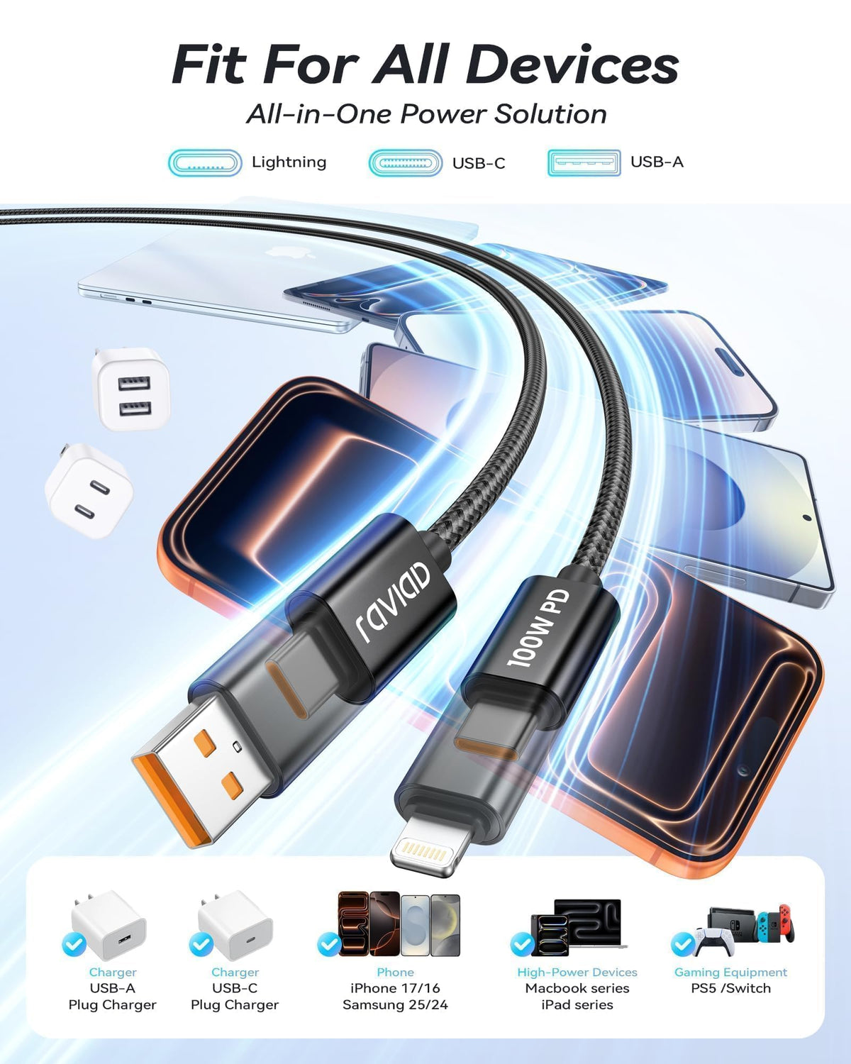 RAVIAD Multi Charger Cable, 3 in 1 Charger Cable 3A USB Fast Charging Cord