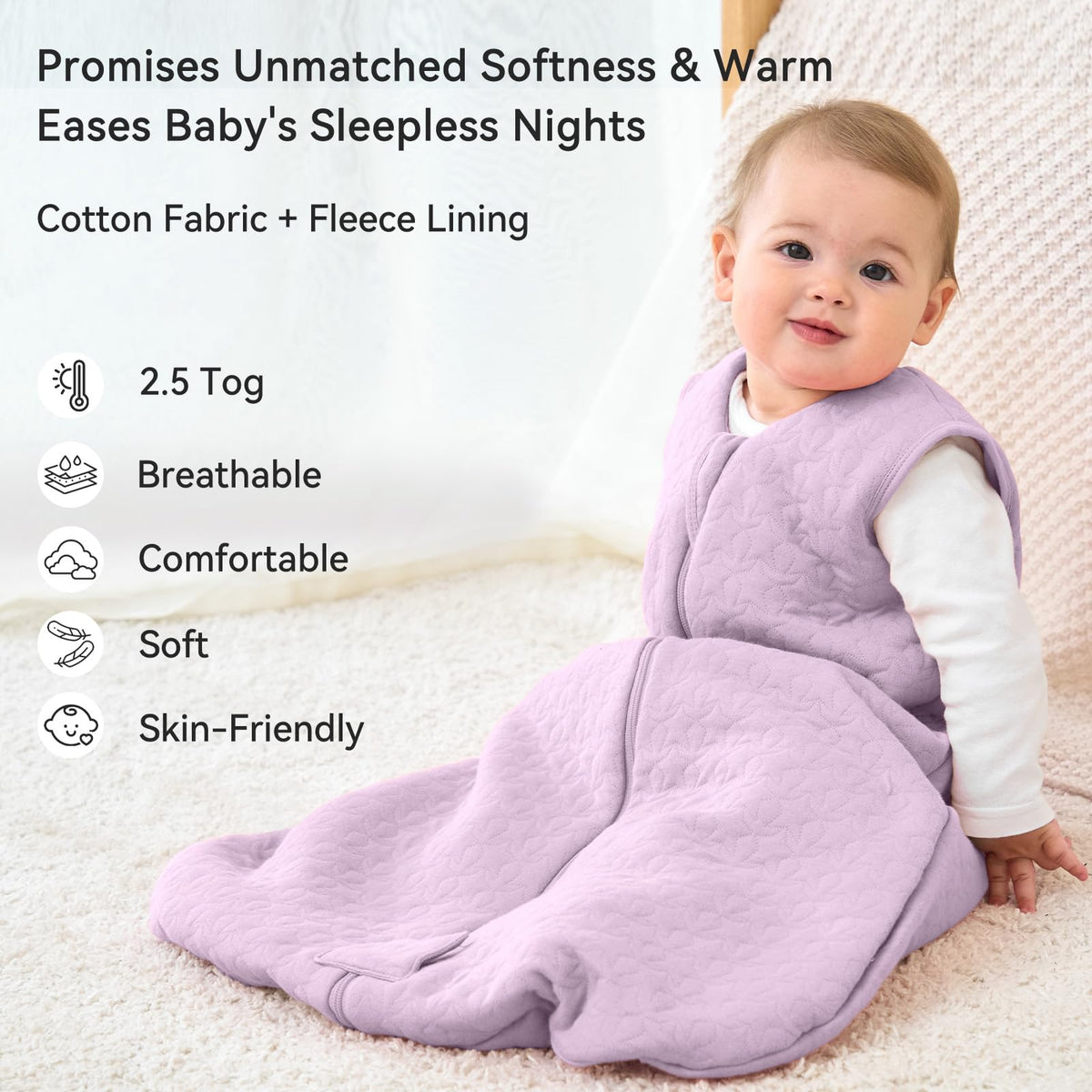 Unnivoll Baby Sleeping Bag 2.5 Tog 0-6 Months 100% Cotton Winter Sleeping Bag Baby 2-Way Zipper Quilted Sleep Sack for Newbron Infant Warm Soft Apricot