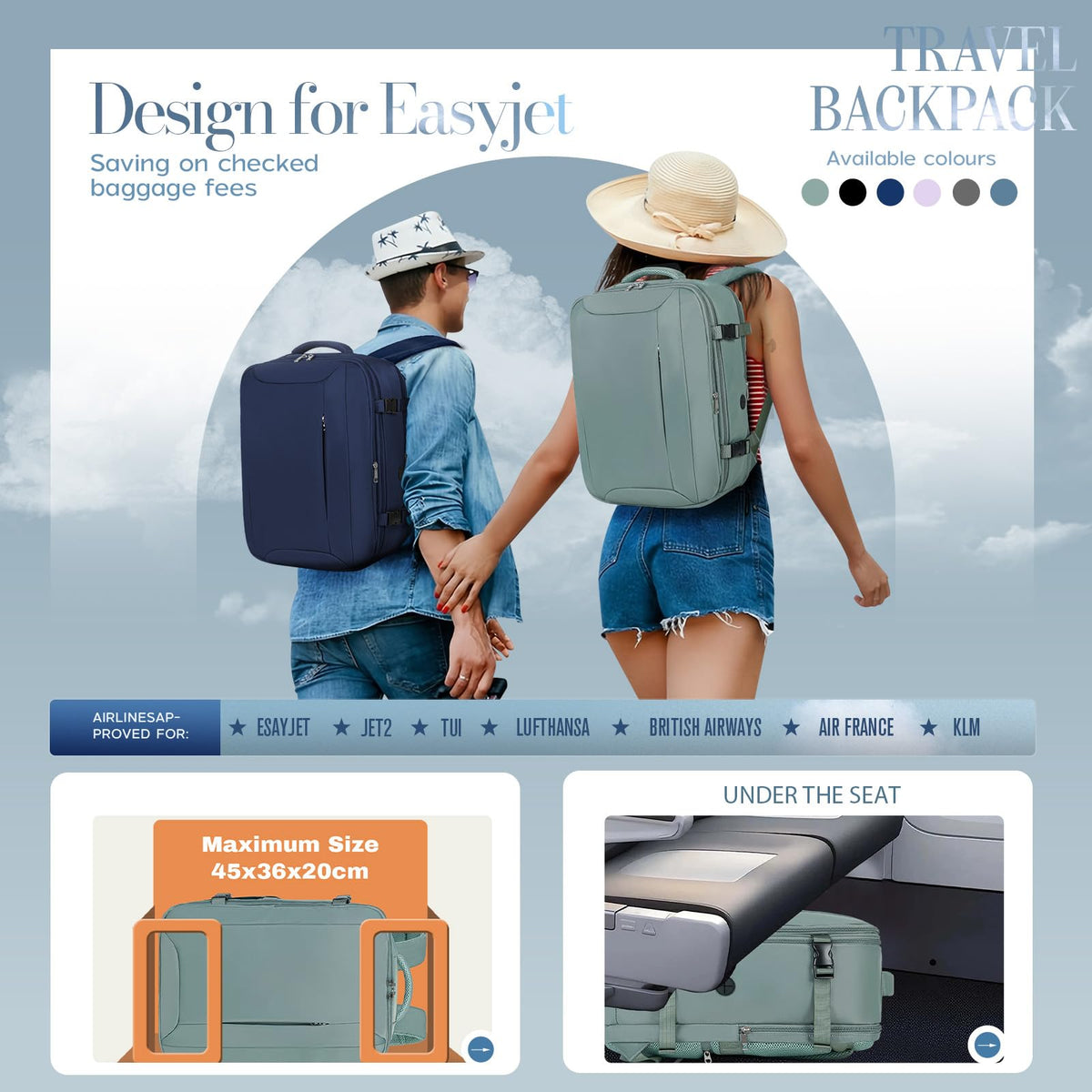 Xkdoai for Ryanair Cabin Bags 40x30x20,Backpack with TSA Approved Clear Bag