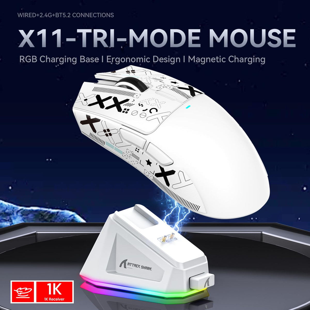 ATTACK SHARK X11 Gaming Mouse with Magnetic Charging Dock, PixArt PAW3311 Gaming Sensor, BT/2.4G Wireless/Wired Gaming Mouse with Mouse Grip Tape, 22000 DPI, Gamer Mice for Win11/Xbox/PS/Mac (Red)