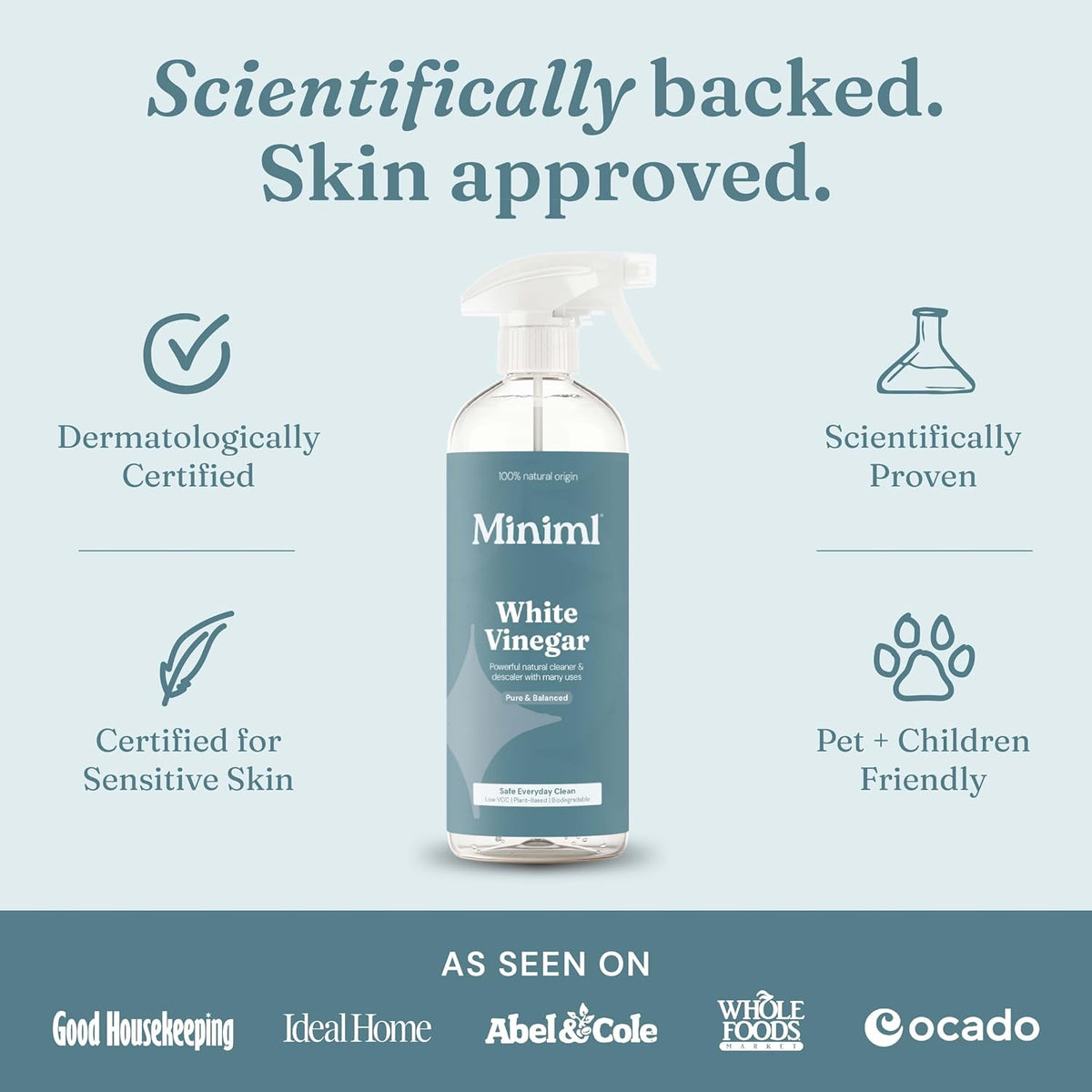 Miniml Eco White Vinegar Cleaning Unscented 750ml - All Natural Multi-Surface & Multi-Purpose Cleaner, Limescale Remover, Laundry Softener & More - 100% Vegan & Cruelty Free