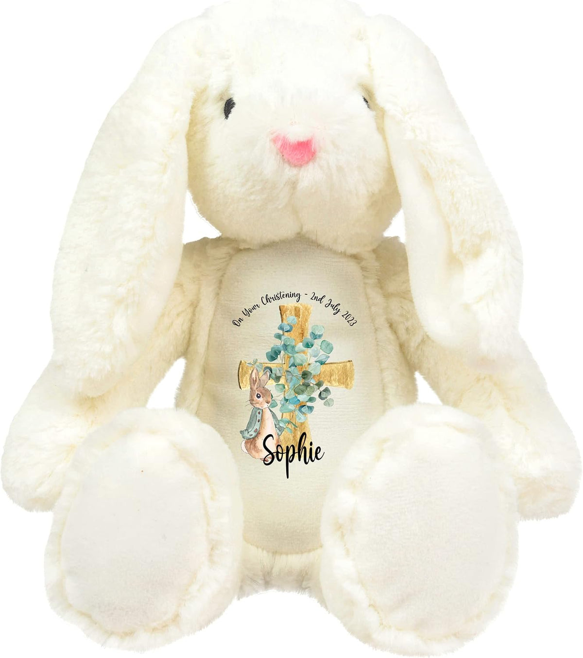 Crafted Memories - Personalised Bunny Rabbit | Custom Name & Date | Christening & Baptism Keepsake | Baby Girl & Boy | Soft Grey, White | Ideal 1st Birthday Present