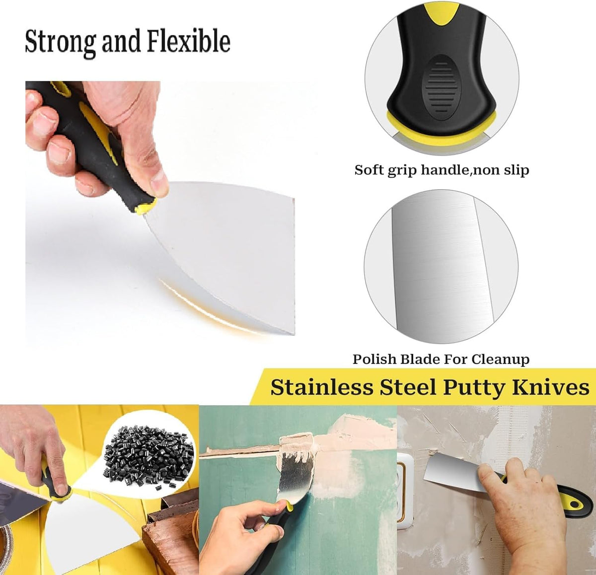 suokoun Wallpaper Scraper Set, 7 Pieces Stainless Steel Drywall Hand Tool Kit Includes Taping Putty Tool and 12" Mud Pan with Soft Grip Handle for Drywall Work