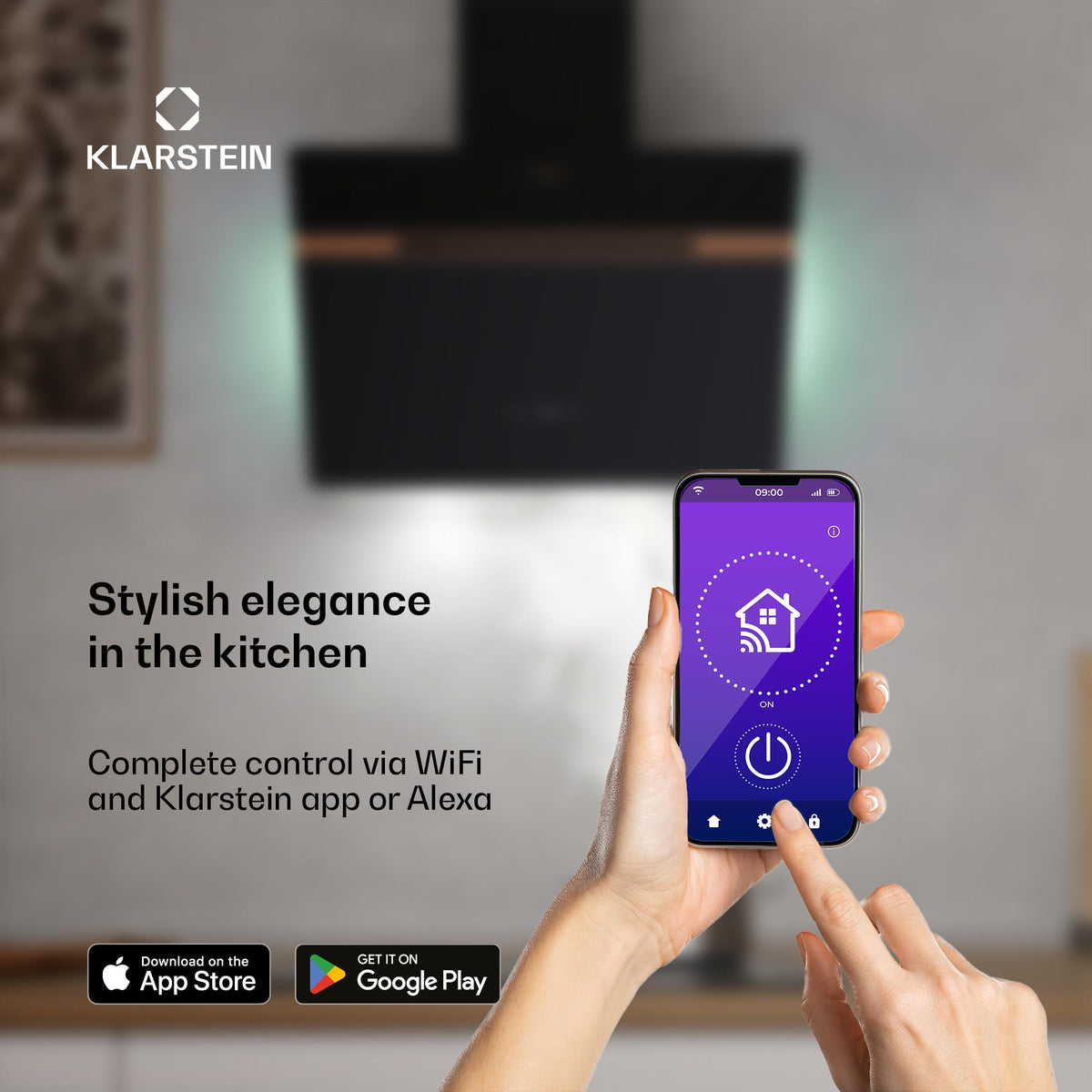 Klarstein Alina 90 Angled Cooker Hood - 615m³/h Air Flow, Touch Panel, LED Backlighting, Quiet 63dB, Energy Class A, 90cm Extractor Hood, Black