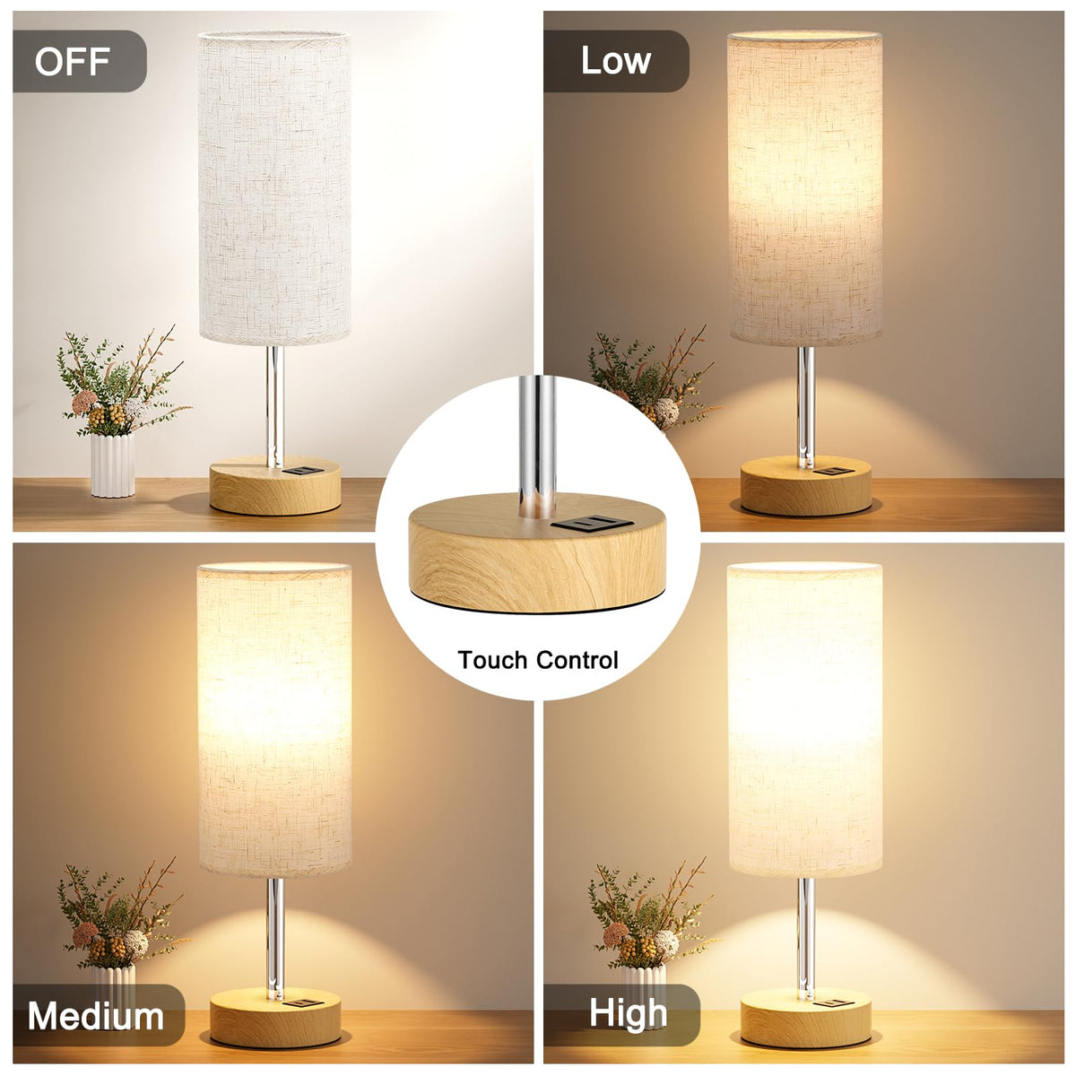 Aooshine Grey Table Lamp, 3-Way Dimmable, USB A + C Charging