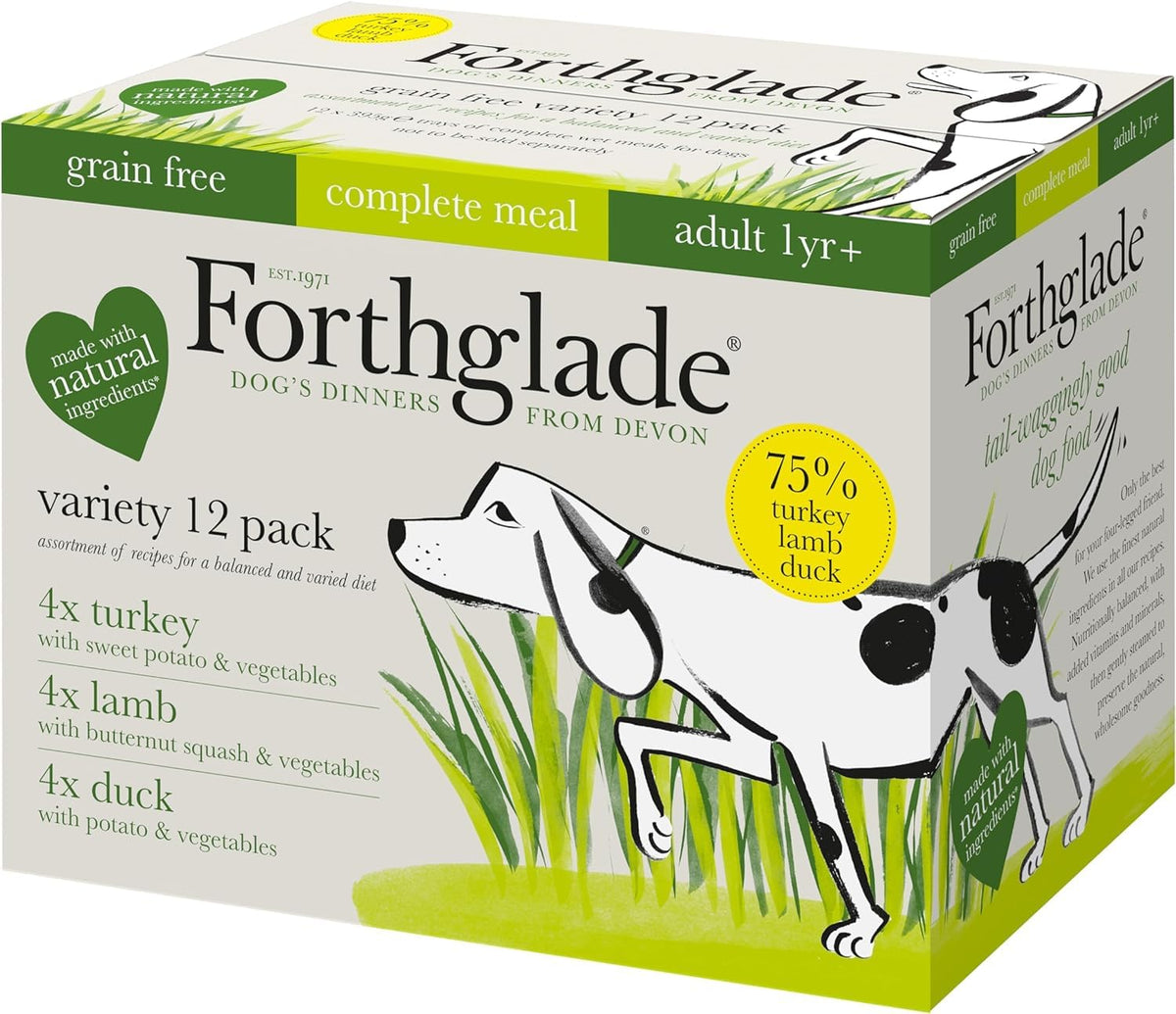 Forthglade Wet Dog Food Variety Pack (12 x 395g Trays) - Grain Free & Hypoallergenic Dog Food, Adult 1 Year+, Chicken, Chicken with Liver & Turkey, Vegetables, Stomach Sensitive, Natural Ingredients