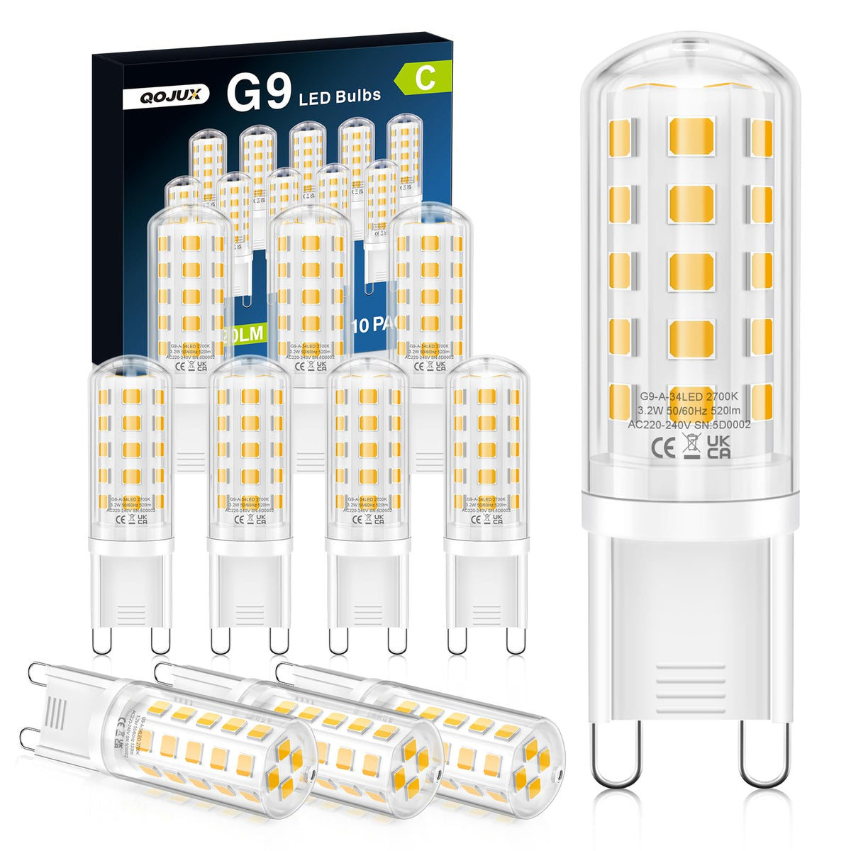 3.2W G9 Led Bulbs Cool White, Energy Class C 34 LEDs 520LM G9 Bulb, 10 Pack