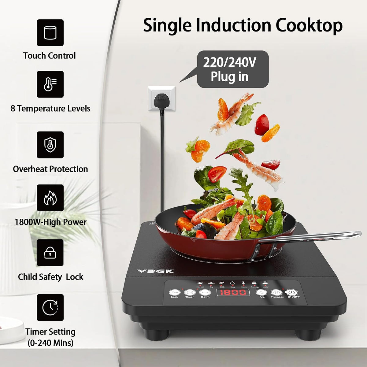 VBGK Double Electric Hob, 220V 3600W Ceramic Hob with Handle, Electric Hot Plate with 9 Power Levels, Child Safety Lock, Timer,Knob and Touch Control, 2 Burner Cooktop