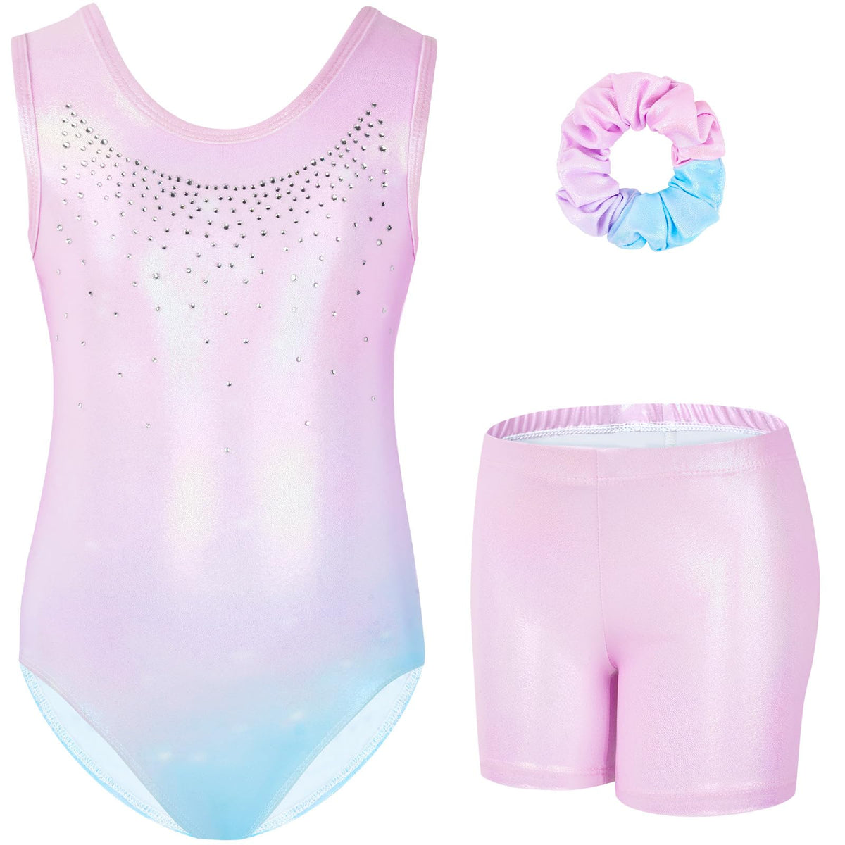 Gogokids Girls' Three-Piece Gymnastics Set, Sleeveless Leotards with Shorts and Hairband, Sparkling Ballet Dancing Unitards - Gymnastics Outfit with Gradient Color Design for 3-12 Years
