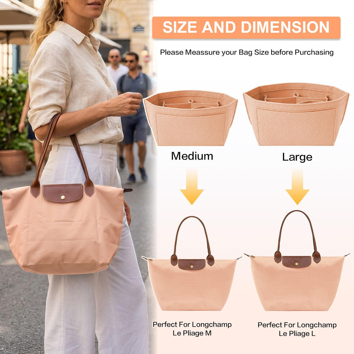 Multi-pocket felt tote bag for inserting a wallet, folding tote organizer insert Longchamp (khaki, L)