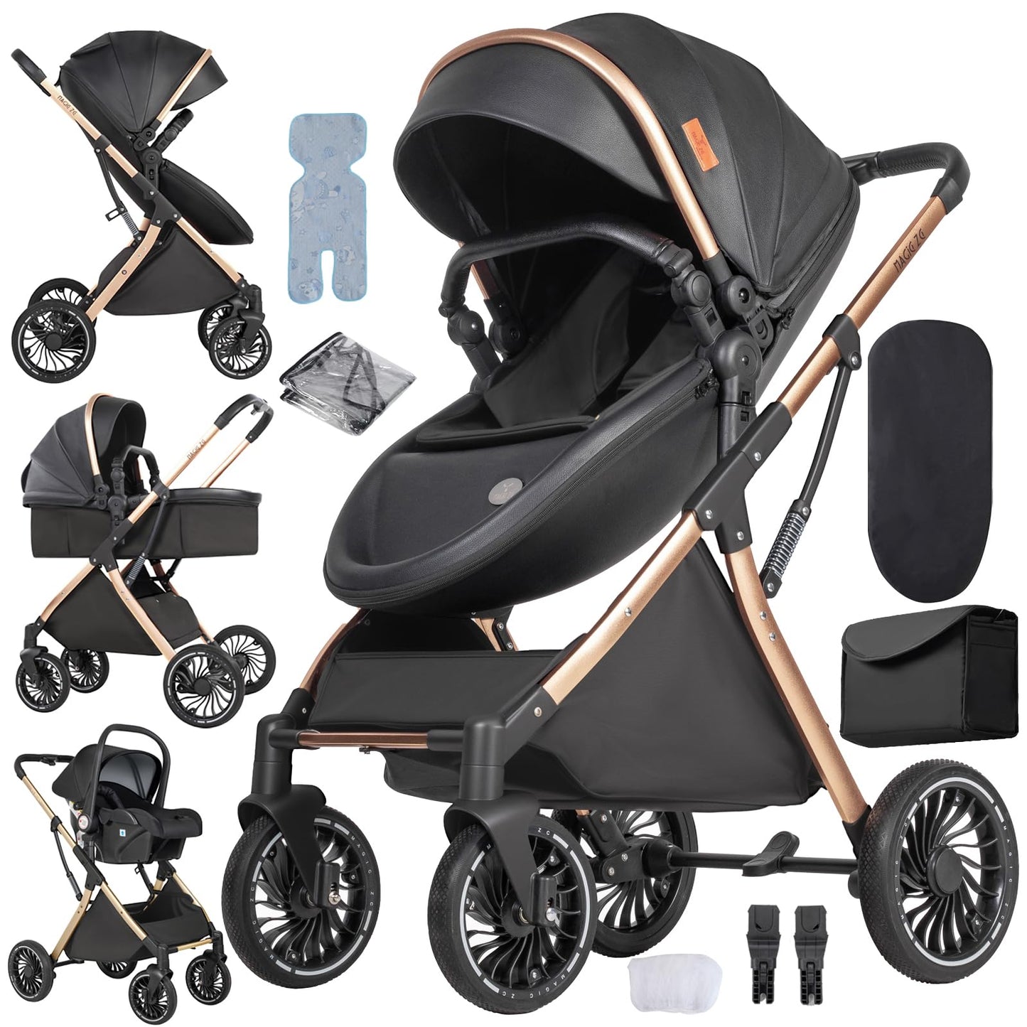 PU Leather 3 in 1 Pushchair Travel System, Toddler Stroller, Baby Pram 3 in 1, Infant Carriage with One-Click Folding, Newborn Buggy with Aluminum Frame (V6 Black)