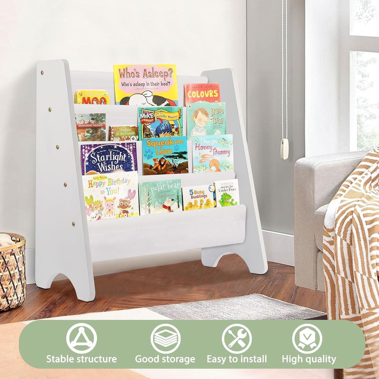 CROWNSHOP Kids Bookshelf 4 Layers Wooden Book Shelf Room Display Rack Kids Bookcas with Soft Canvas Suitable for Kids Room and Nursery White 61 * 60 * 26.5 CM