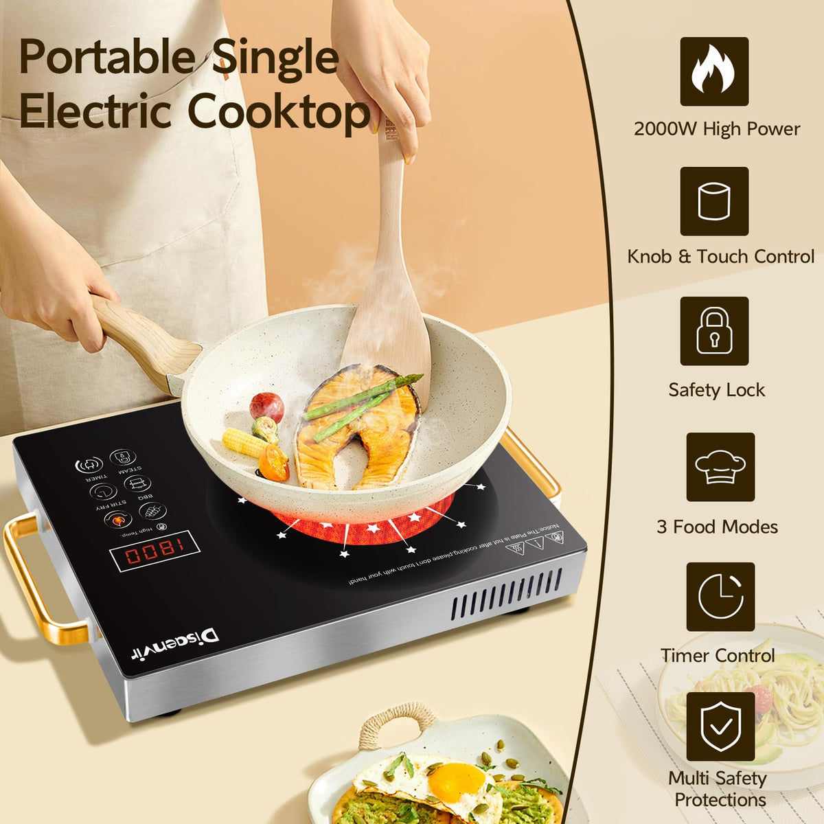 Double Ceramic Hob with Handle, Plug in 2 Ring Electric Hob