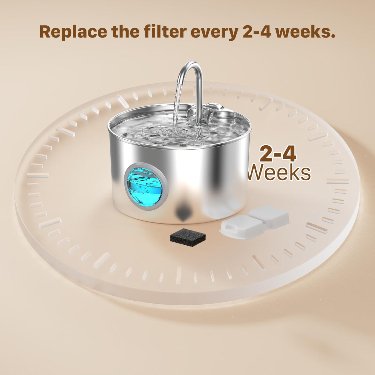 Cat Water Fountain Stainless Steel: Water Fountain Cat Bowl - 3.2L Drinking Fountains for Cats - Pet Water Dispenser - with 6 Carbon Filters + 3 Sponges