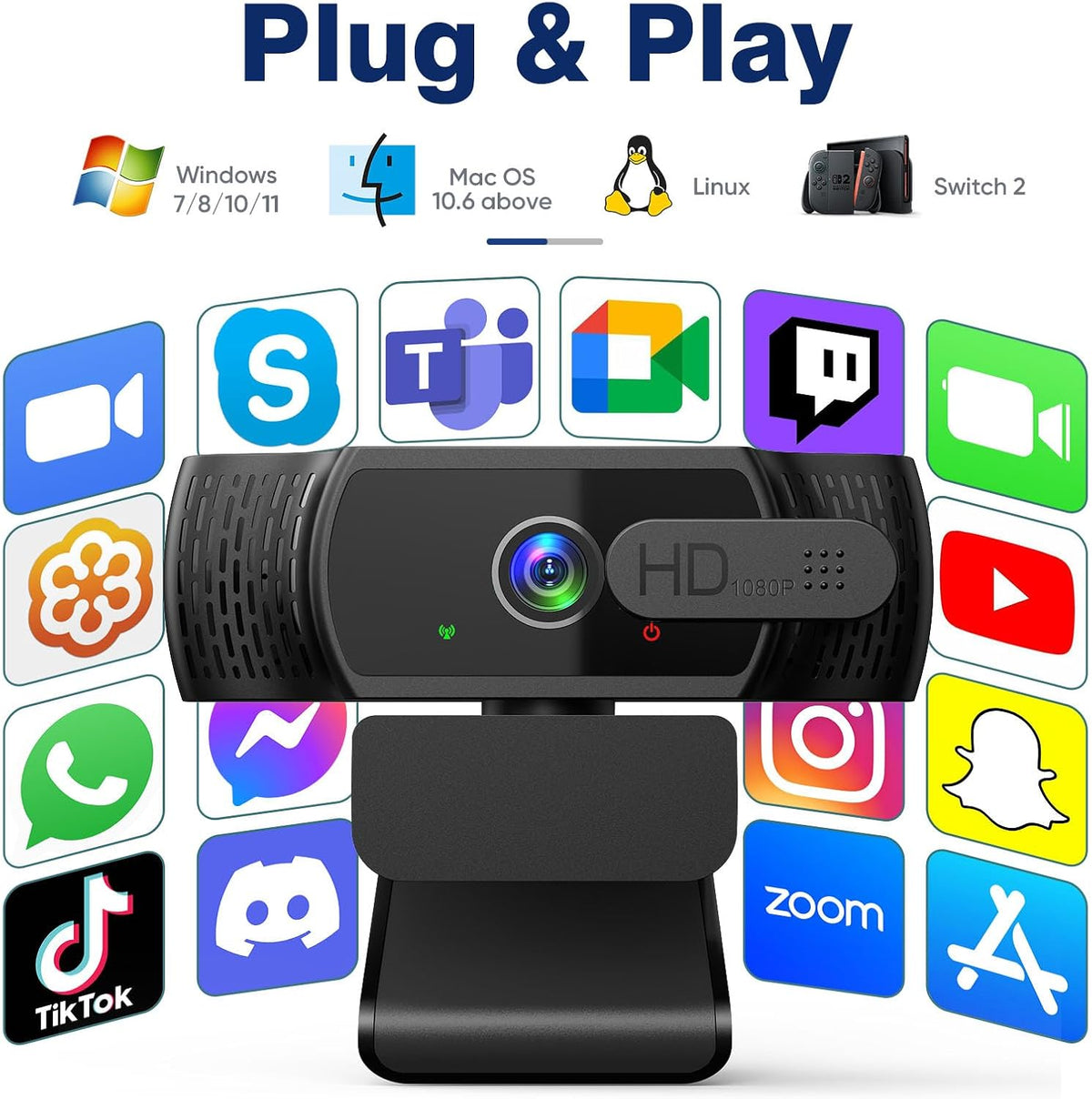 YIMONA FHD 1080P/30fps Webcam for PC/Laptop/Mac, 110° View Webcam with Mics, Privacy Cover, Auto Light Correction, Fixed Focus, Plug&Play USB Web Camera for Live Streaming, Video Calling, Conferences