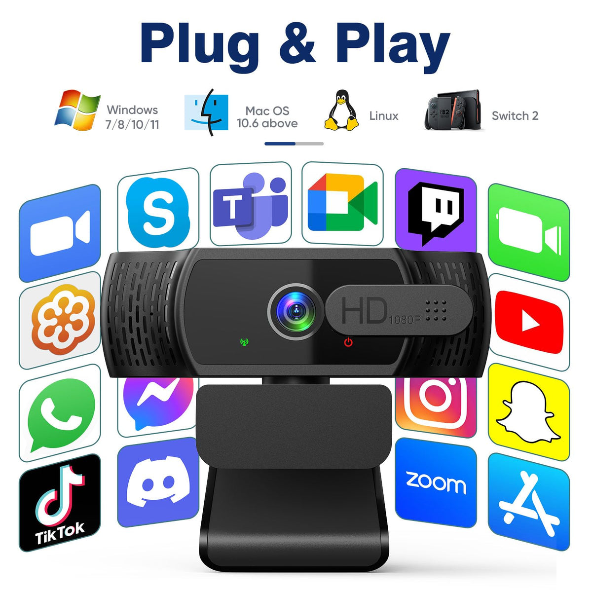 YIMONA FHD 1080P/30fps Webcam for PC/Laptop/Mac, 110° View Webcam with Mics, Privacy Cover, Auto Light Correction, Fixed Focus, Plug&Play USB Web Camera for Live Streaming, Video Calling, Conferences