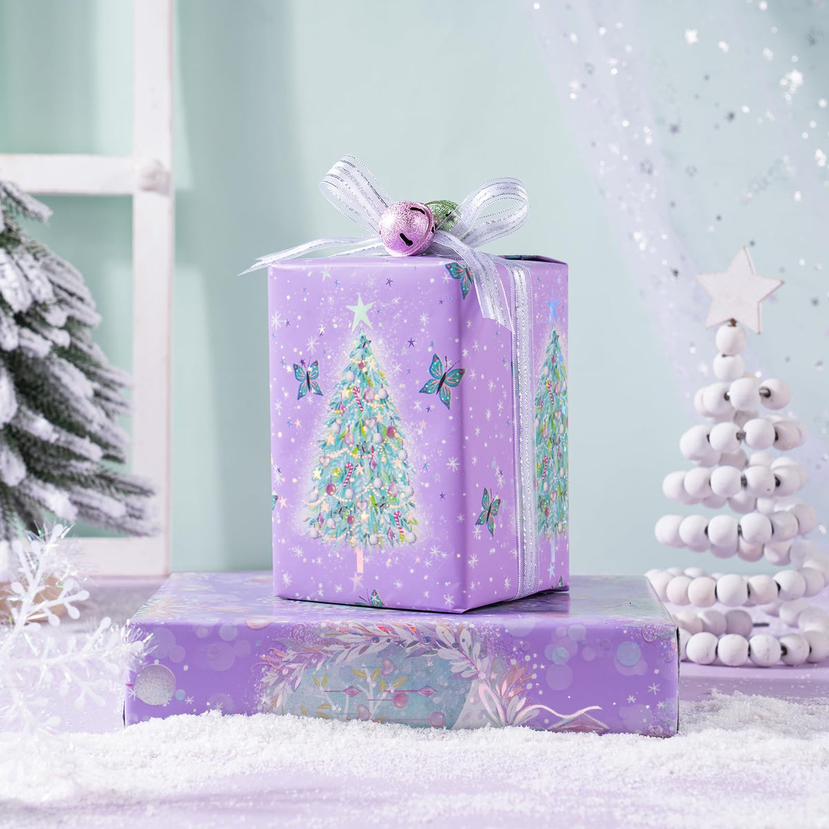 RUSPEPA Christmas Wrapping Paper Roll - Mini Roll - 3 Rolls - 43.2cm x 3m Per Roll - Bird, Christmas Garland, Holly and Pinecones Holiday Design with Metallic Foil Shine