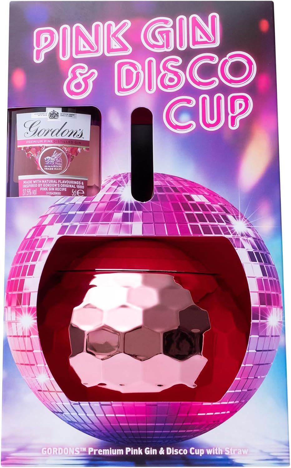 Pink Gin Gift Set, Gordon's Pink, Disco Ball Cup & Metal Straw
