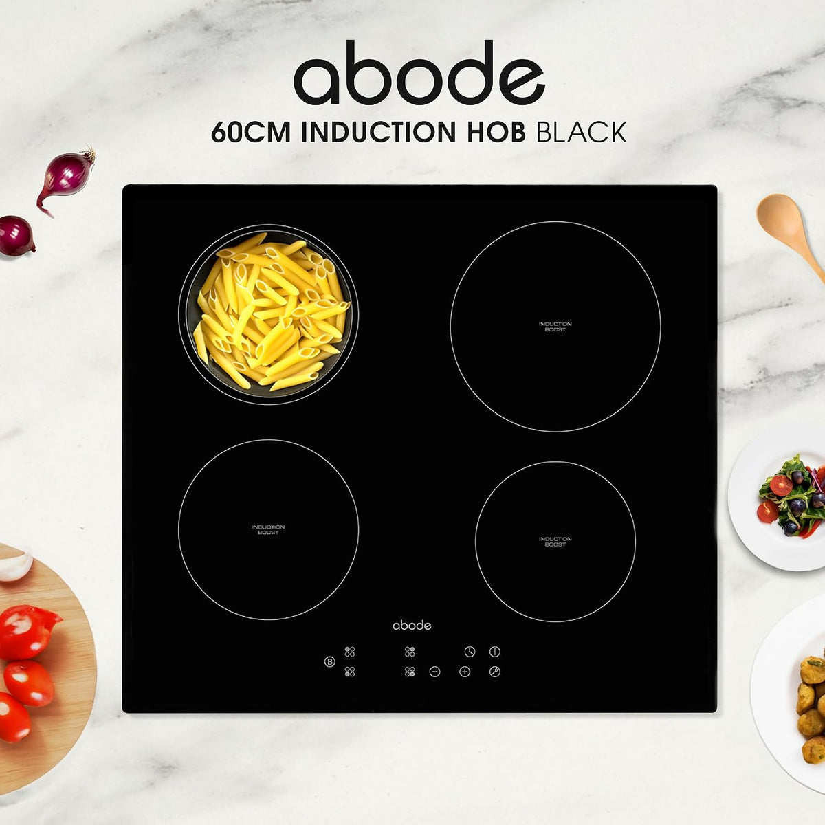 Abode Electric Hob 59cm Ceramic Cooktop with 4 Cooking Zones, 9 Power Levels, Touch Control & Easy Clean, Safety Cut Off, Timer & LED Display, Child Lock & Keep Warm Features A60EH301B